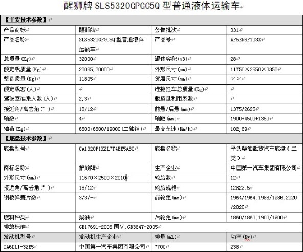 SLS5320GPGC5Q型普通液體運輸車整車技術參數(shù) SLS5320GPGC5Q型普通液體運輸車整車技術參數(shù)